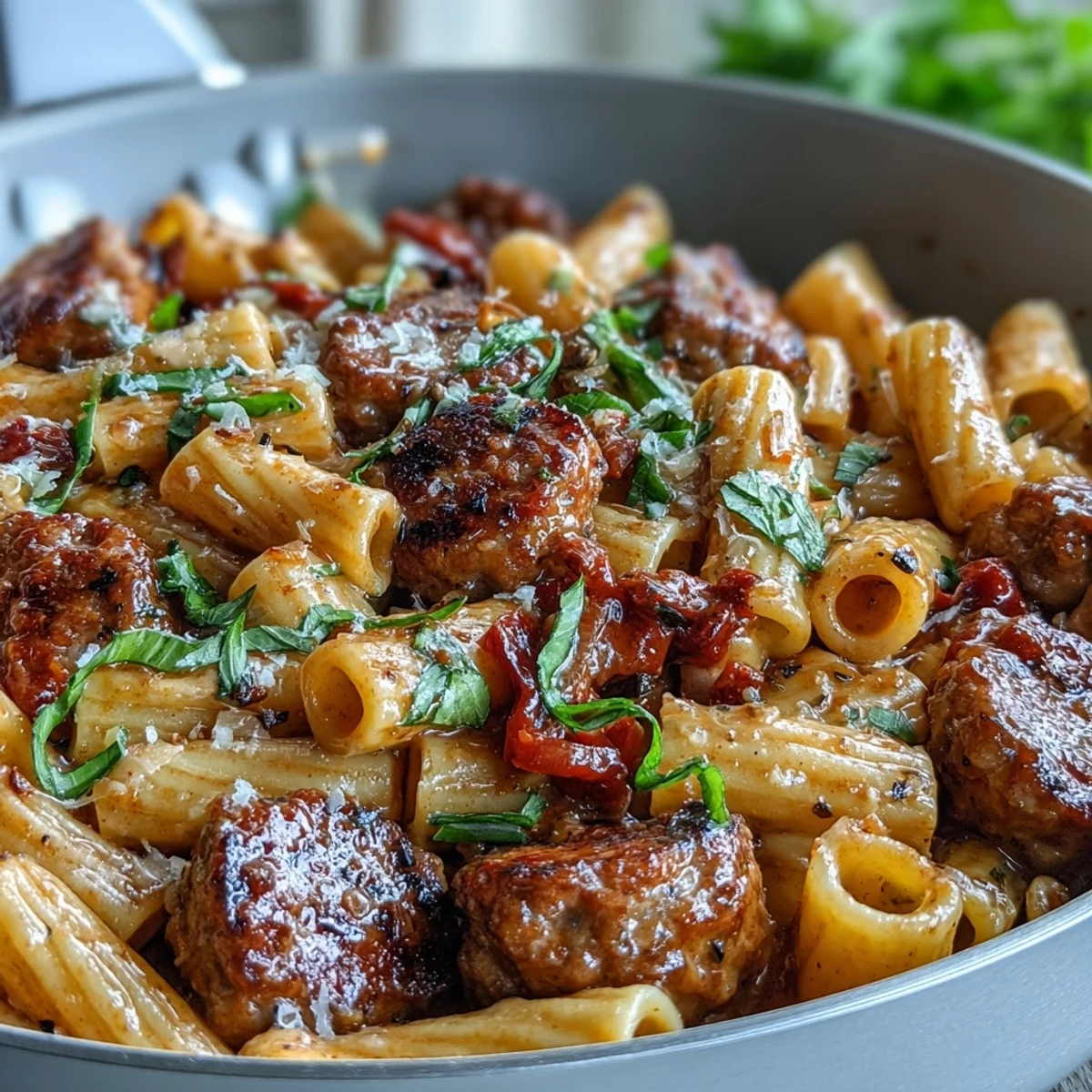 Steaming One-Pot Creamy Red Wine Sausage Pasta is served in a rustic bowl, garnished with fresh basil.