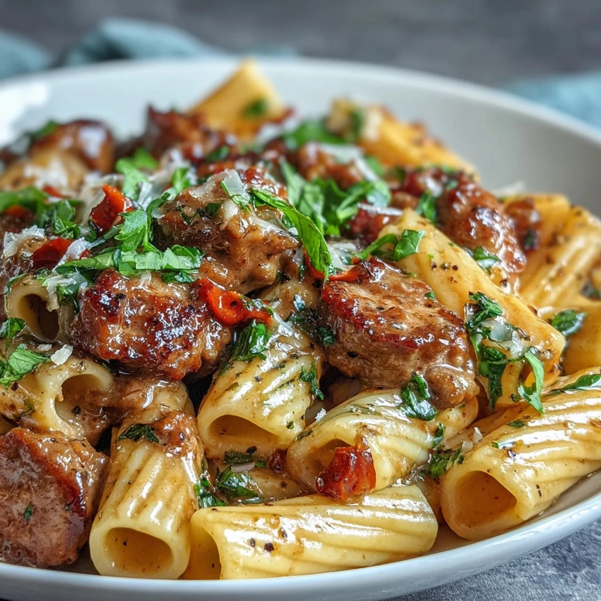 Forkful of One-Pot Creamy Red Wine Sausage Pasta reveals a rich, creamy sauce with savory sausage pieces.