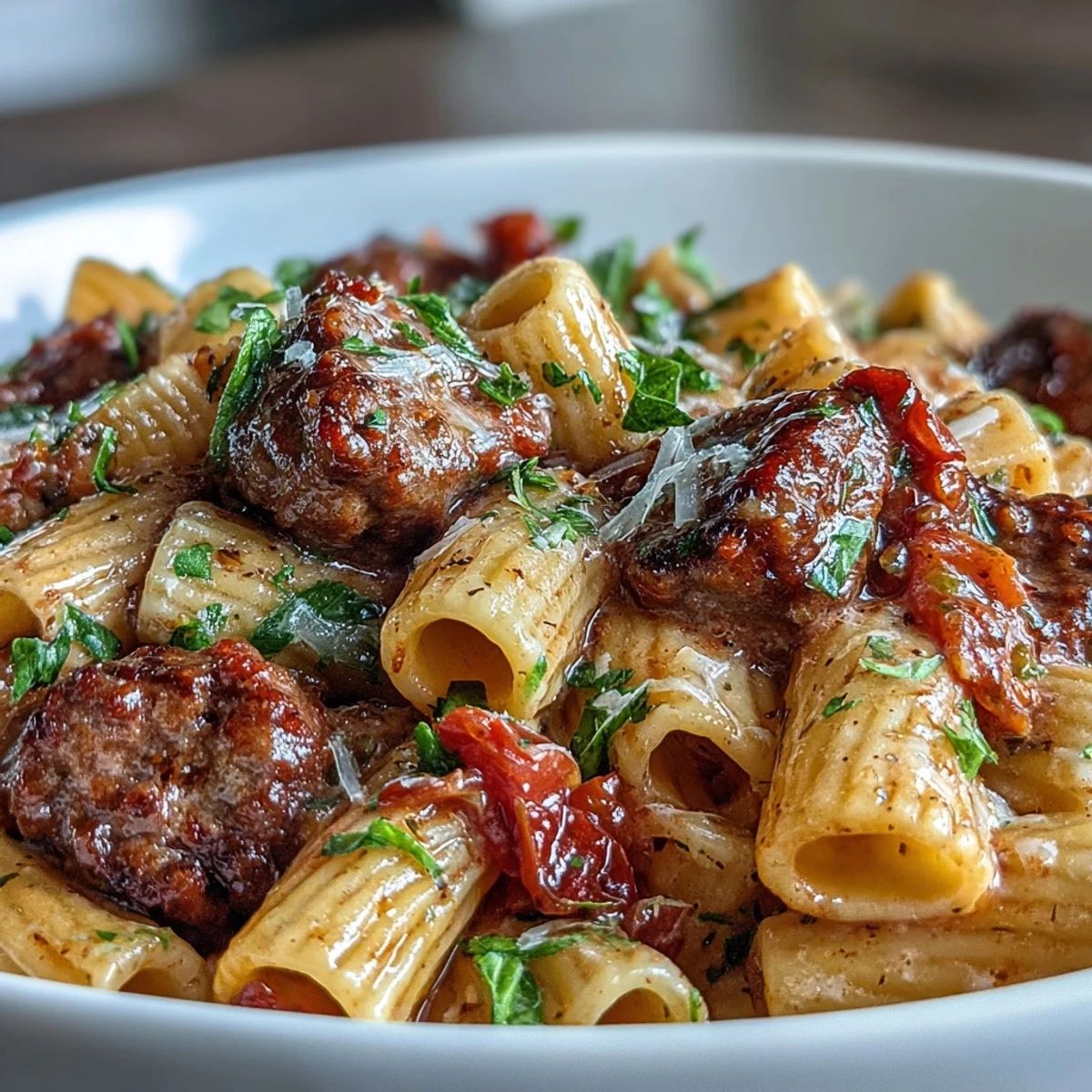 Close-up of One-Pot Creamy Red Wine Sausage Pasta topped with grated Parmesan and a sprinkle of chili flakes.