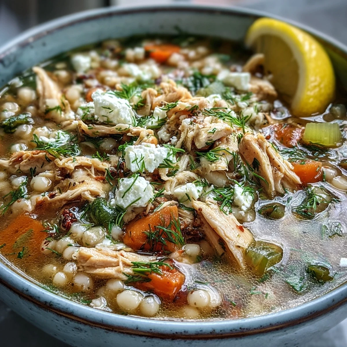Freshly cooked Greek Chicken & Pearl Couscous Soup steaming in a white bowl, topped with crumbled feta, dill, and lemon wedges.