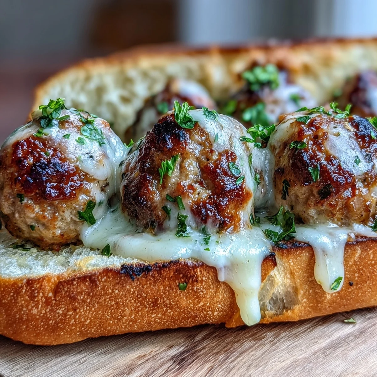 Golden-baked turkey meatballs draped in creamy garlic Parmesan sauce, nestled in a toasted sub roll and garnished with fresh parsley.