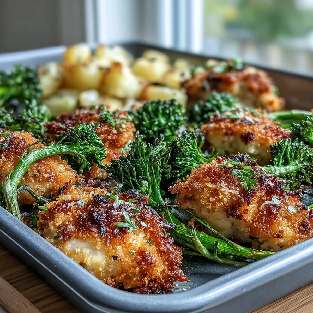 A one-pan dinner with crispy chicken and broccoli roasted under a cheesy crust, perfect for a busy weeknight meal.