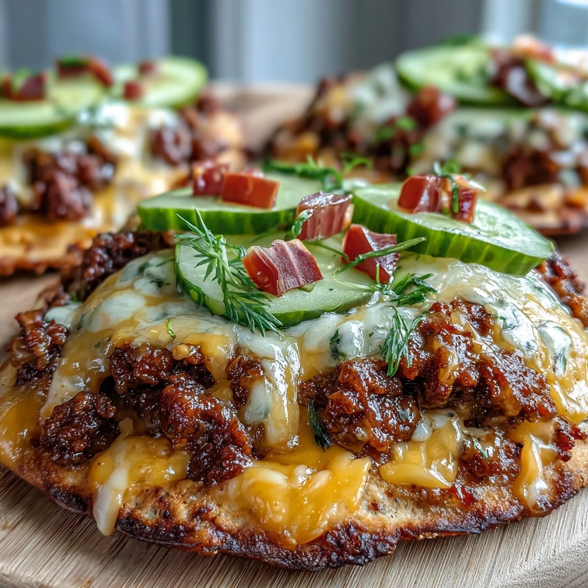 Homemade Cheeseburger Garlic Naan Pizzas served hot with ketchup drizzle and fresh chives garnish.