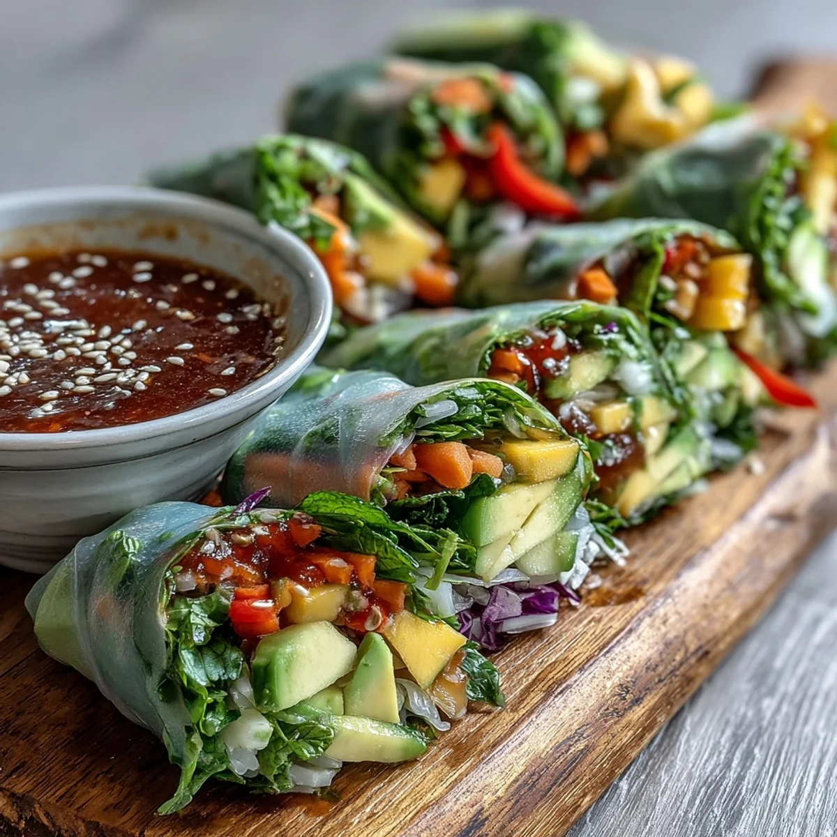 Colorful Vegan Mango Avocado Spring Rolls are rolled tightly and ready to serve as a healthy, gluten-free appetizer.