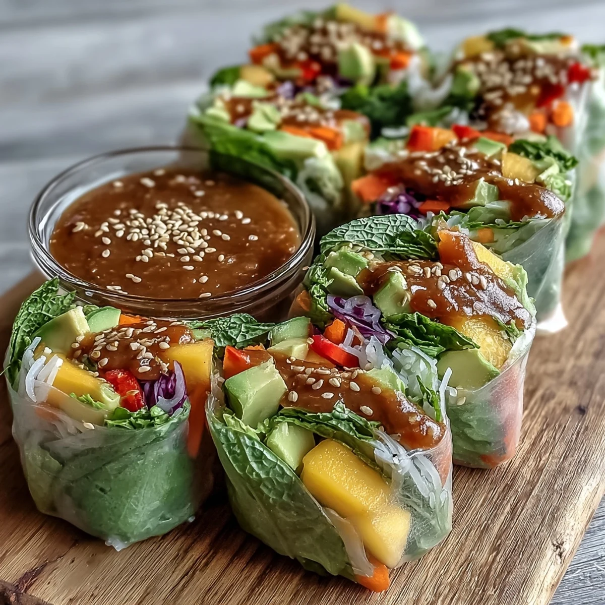 Dipping a fresh Vegan Mango Avocado Spring Roll into sweet chili sauce next to sliced limes and extra herbs.