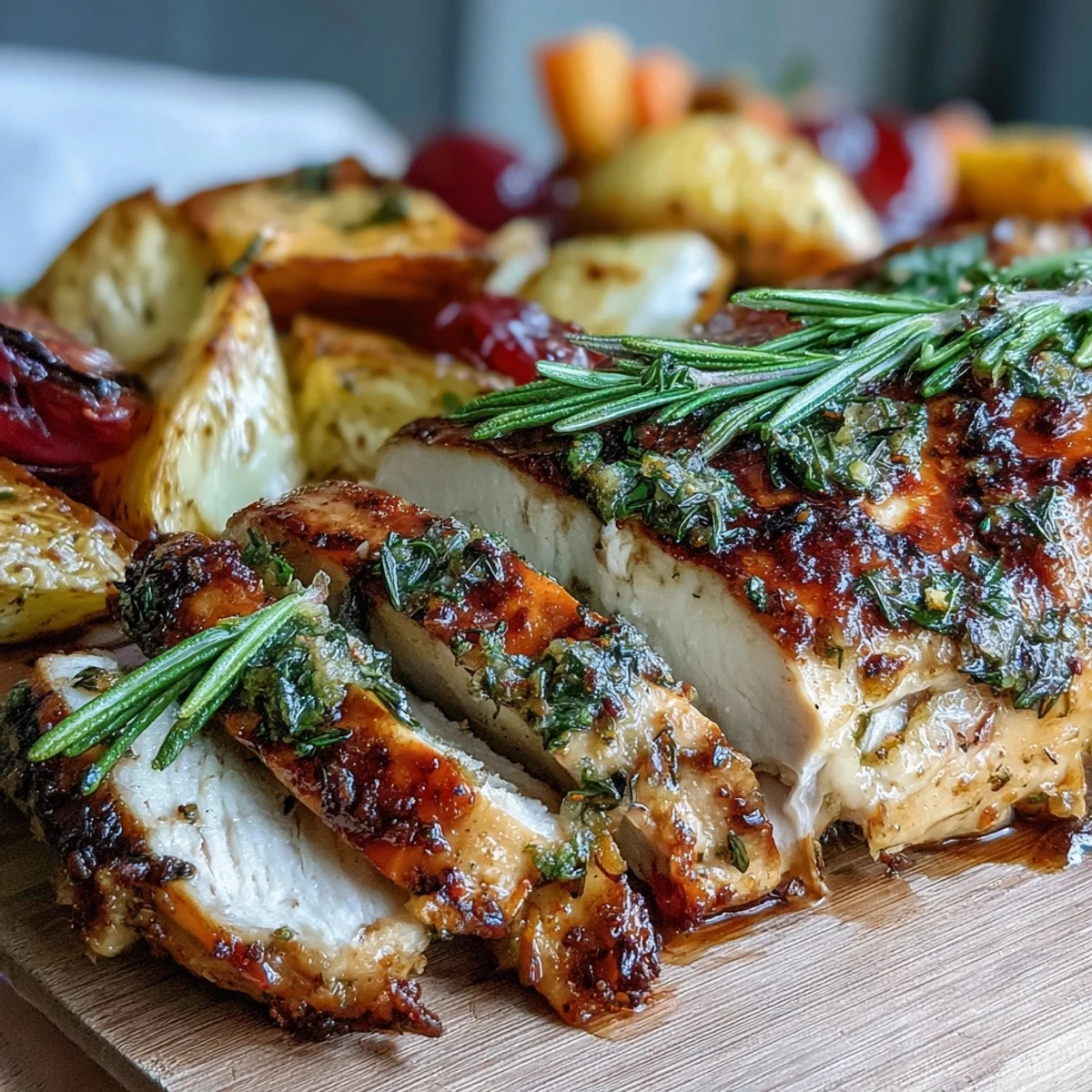Grilled Herb Chicken with Roasted Root Vegetables served hot on a plate, with juicy sliced chicken beside golden-brown carrots and potatoes.