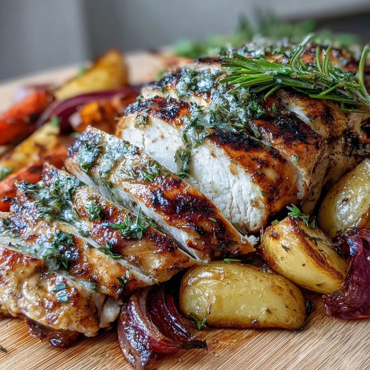 Fresh herbs and lemon brighten the platter of Grilled Herb Chicken with Roasted Root Vegetables, creating an inviting aroma and warm colors.