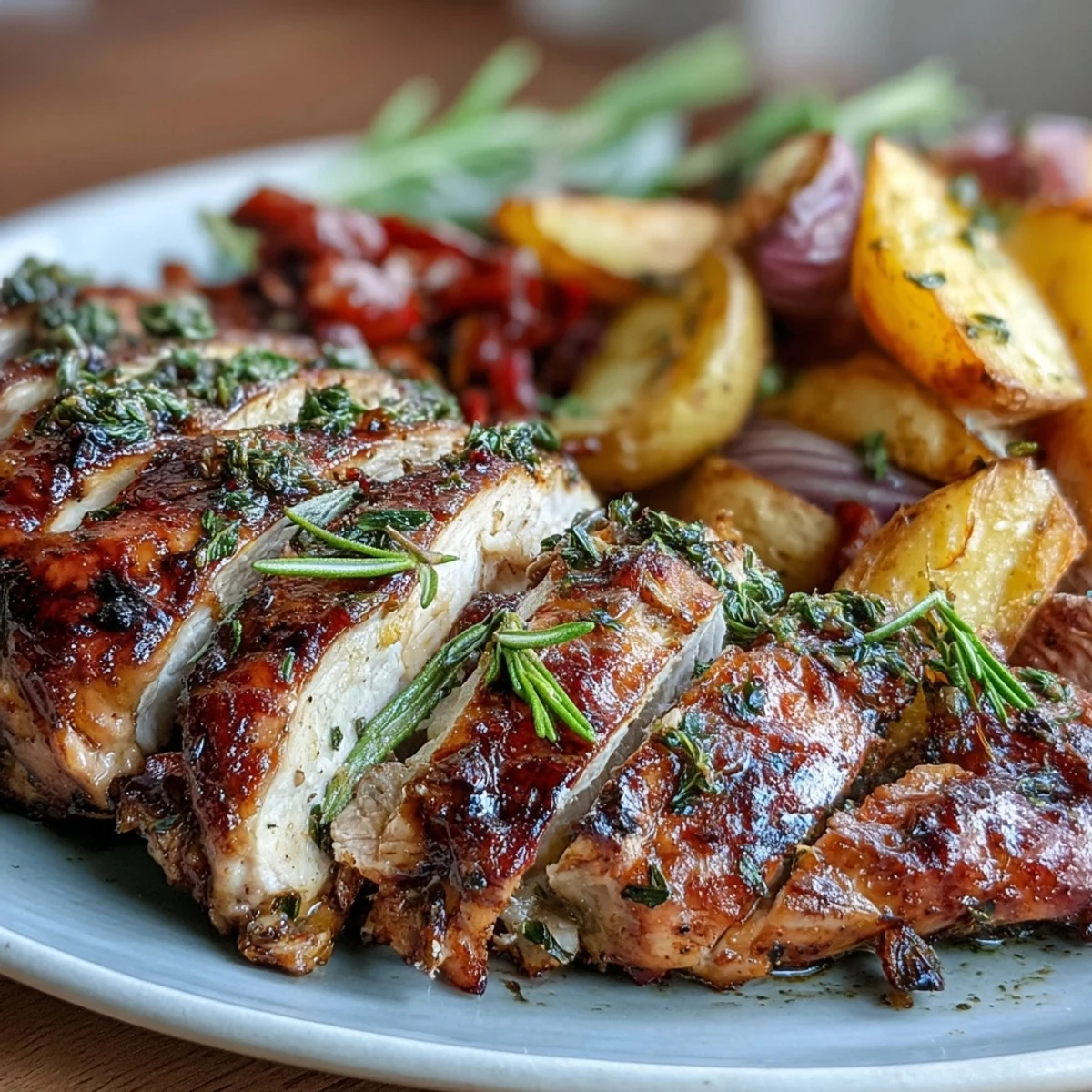 Thyme-scented Grilled Herb Chicken with Roasted Root Vegetables rests beside charred edges, ready for a weeknight family dinner or meal prep.