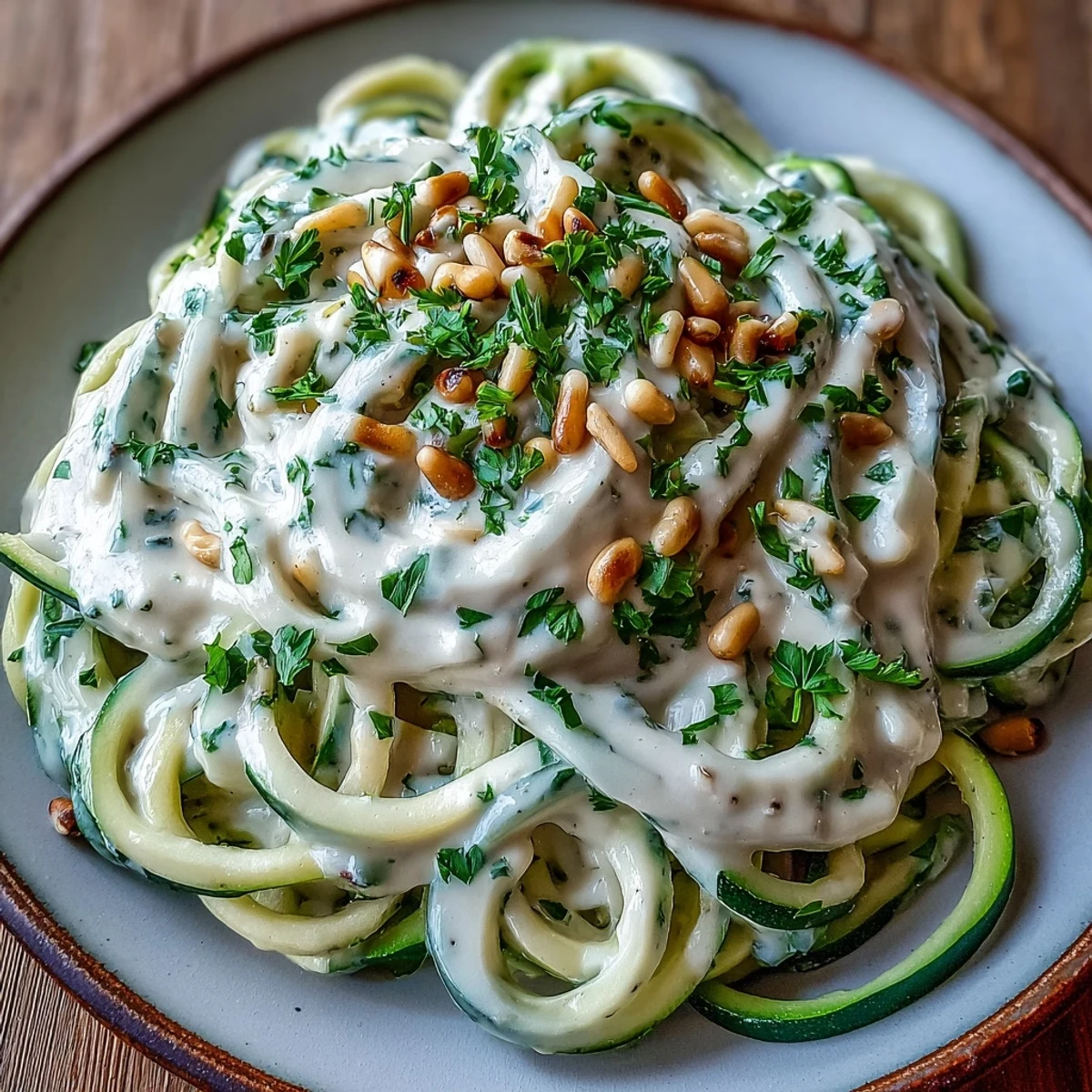 Tender green zucchini noodles are tossed with silky dairy-free Alfredo and garnished with toasted pine nuts.