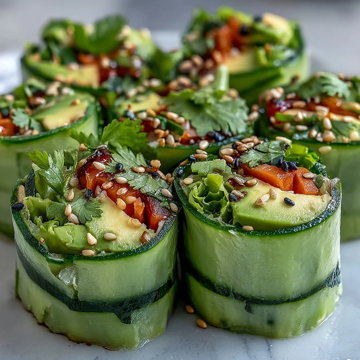 Freshly rolled Light Cucumber Avocado Rolls with Sesame arranged neatly on a plate beside a small bowl of soy dipping sauce.
