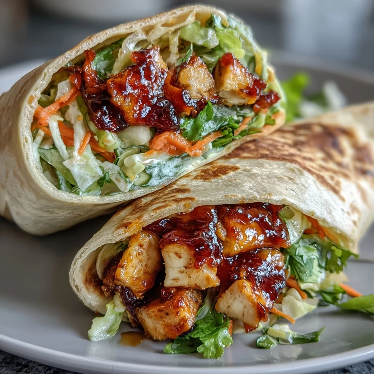 Sweet chili chicken wraps filled with tender marinated chicken, crisp vegetables, and fresh cilantro in a warm flour tortilla.  