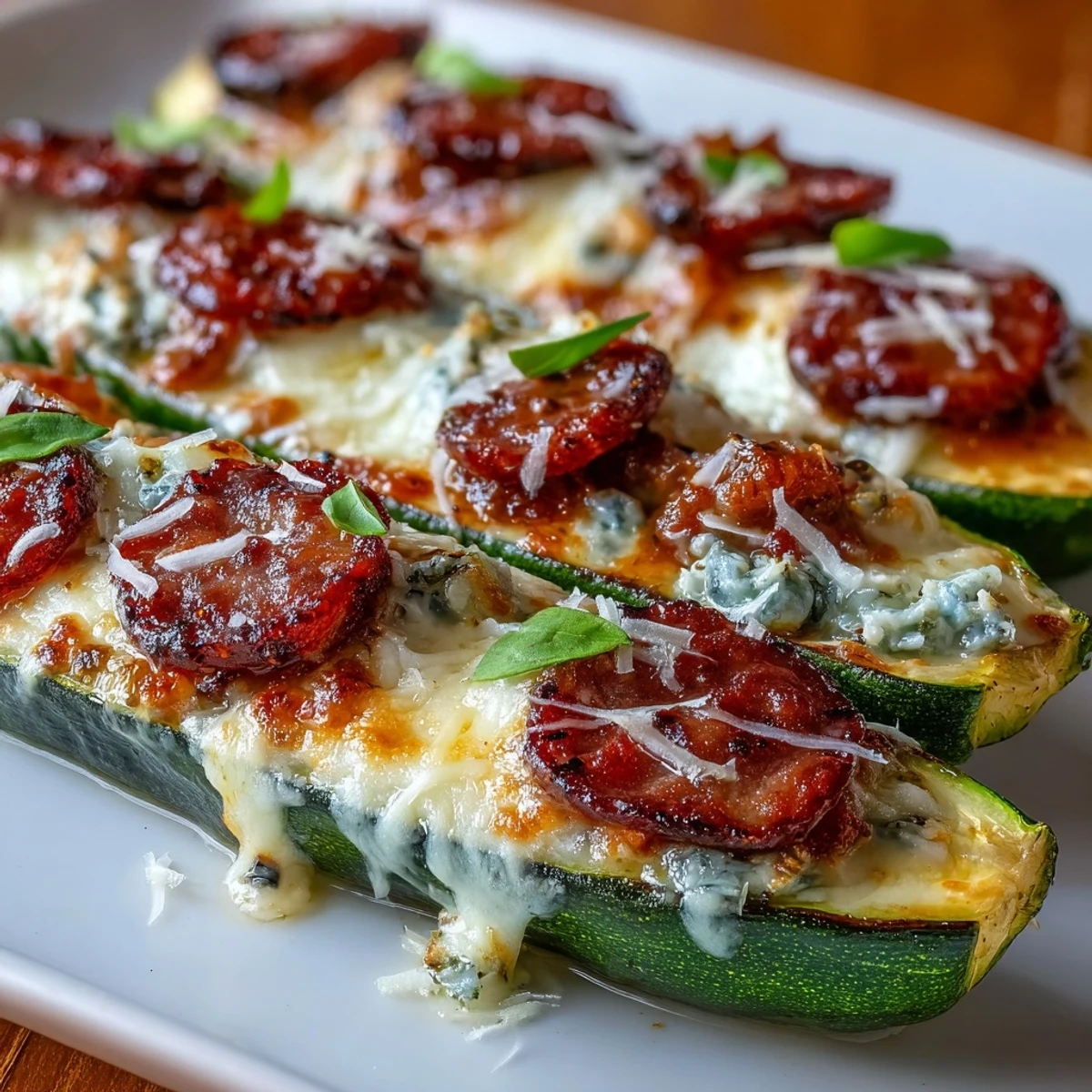 Easy zucchini pizza boats loaded with pepperoni and gooey mozzarella, ideal for a quick gluten-free dinner that's both healthy and indulgent.