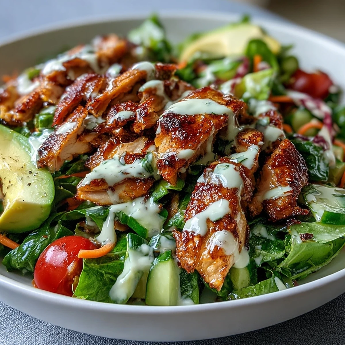 Light Chicken Shawarma Salad Bowls with Lemon Tahini Drizzle, topped with grilled spiced chicken, fresh veggies, and creamy tahini sauce in a vibrant bowl.