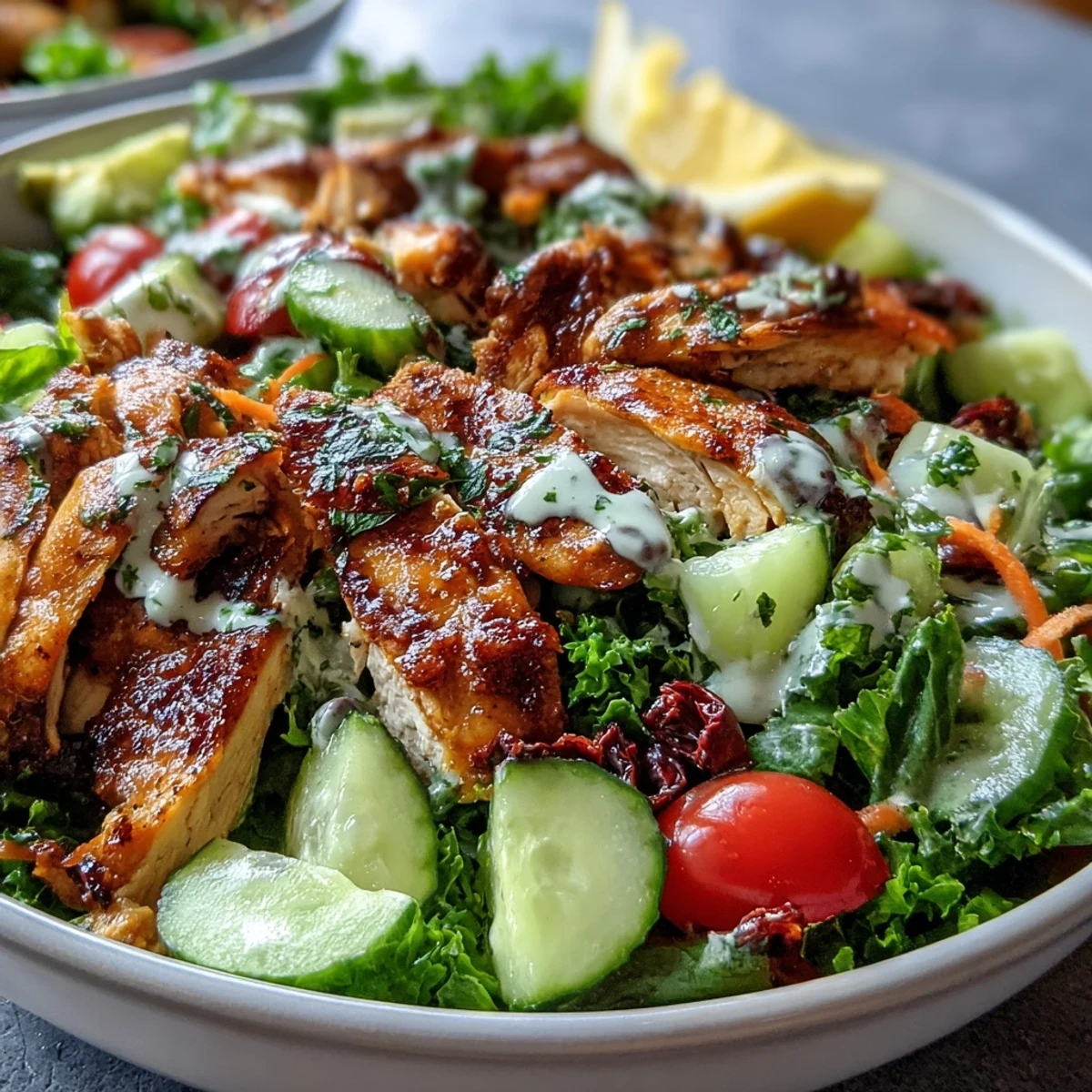 Fresh and healthy Chicken Shawarma Salad Bowls with crisp greens, colorful vegetables, and zesty lemon tahini drizzle for a satisfying meal.