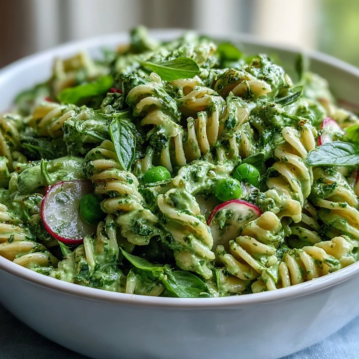 A vibrant vegan pasta salad with creamy green goddess dressing, peas, basil, and fresh vegetables for a refreshing summer dish.  