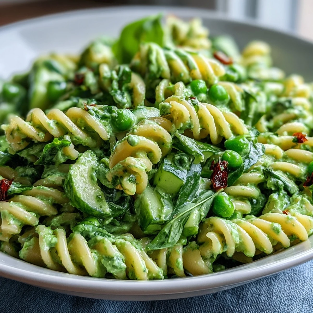 Colorful vegan green goddess pasta salad featuring peas, basil, and crunchy radishes tossed in a smooth, dairy-free dressing.