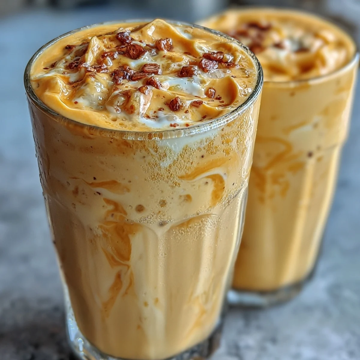 A creamy mango lassi with ripe mango chunks, yogurt, and a hint of cardamom, served in a tall glass with a sprinkle of pistachios on top.