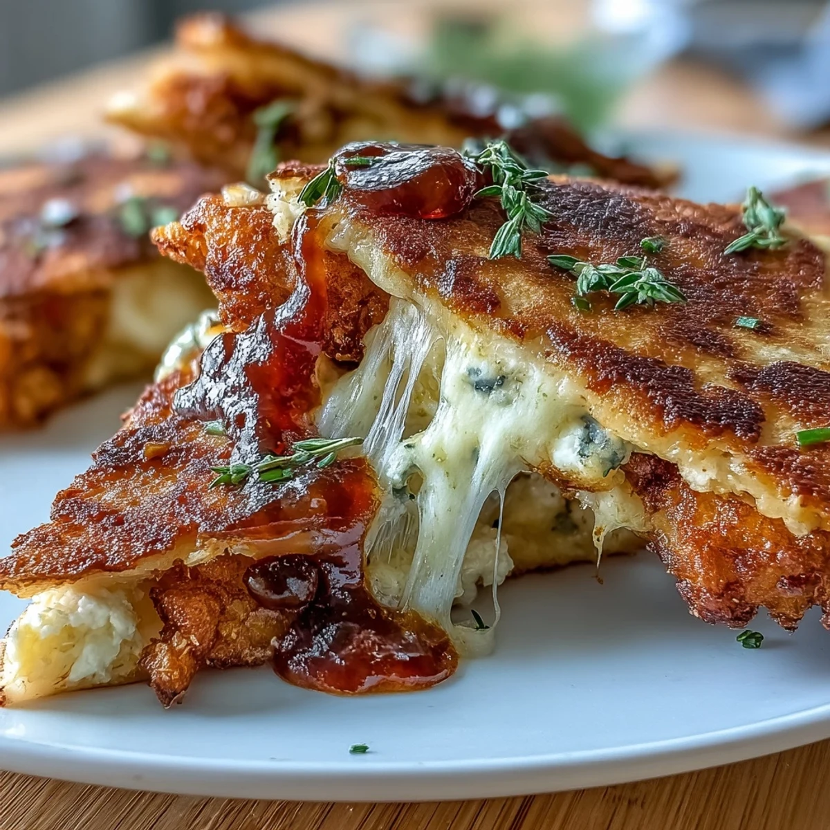 Spicy-sweet chili jam quesadilla with creamy goat cheese, fresh spinach, and crisp tortilla edges.  