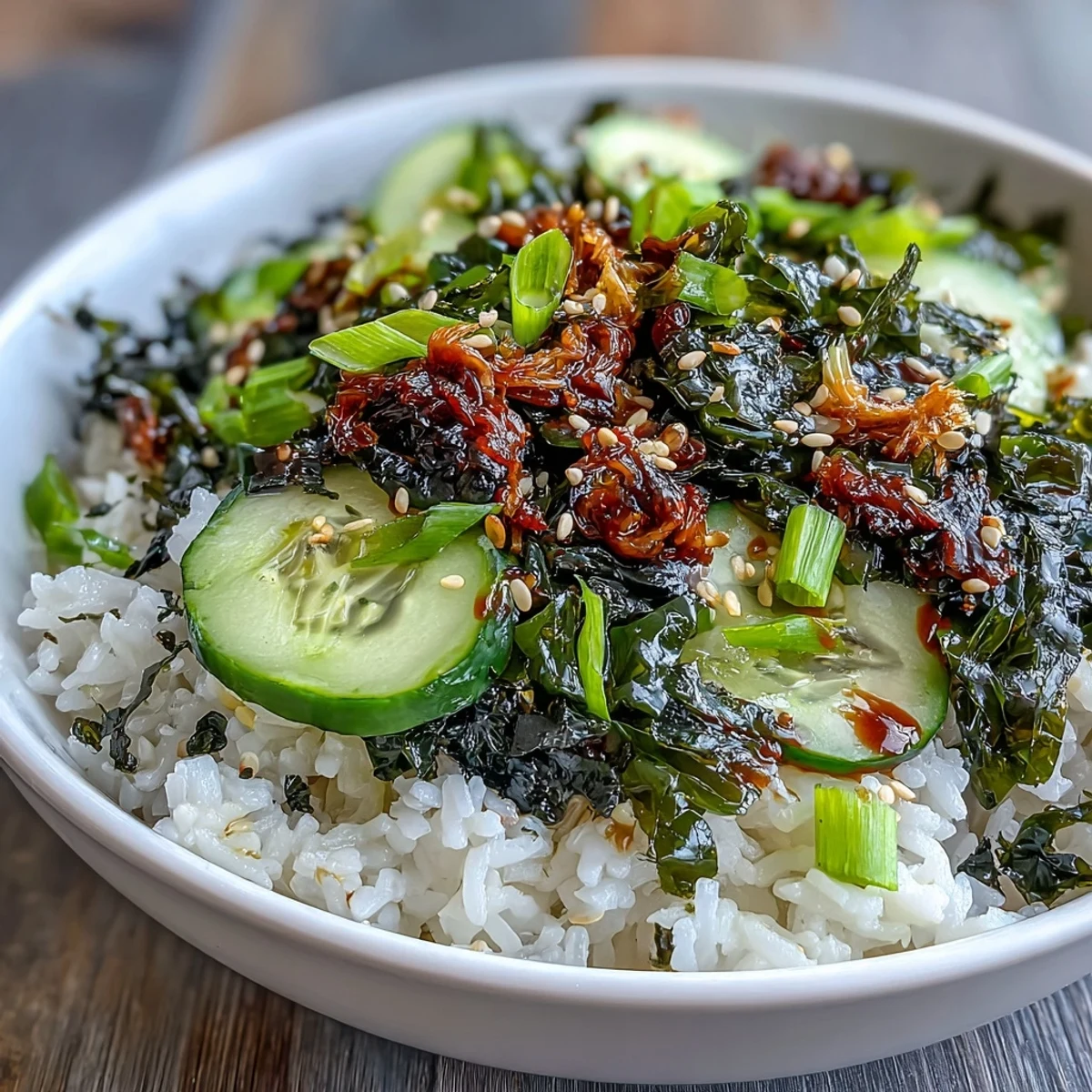 Refreshing Seaweed & Nori Rice Bowl featuring tender wakame, nori strips, and pickled ginger, served with soy sauce for a nourishing Japanese dish.  
