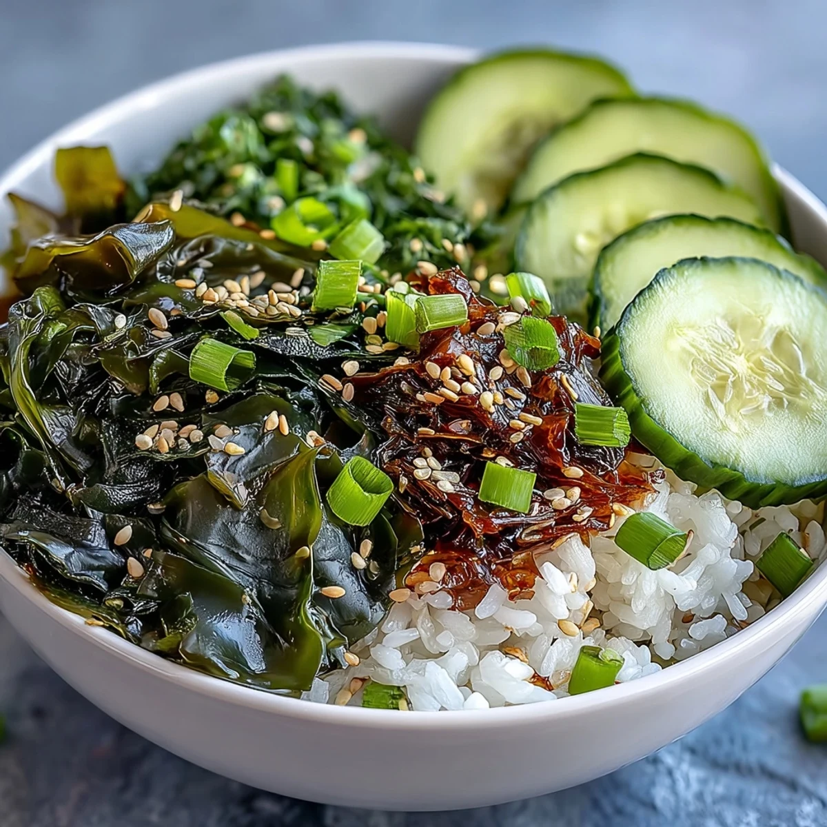 Savory Seaweed & Nori Rice Bowl with fluffy sushi rice, rehydrated seaweed, and fresh scallions, garnished with furikake for a satisfying vegan entrée.