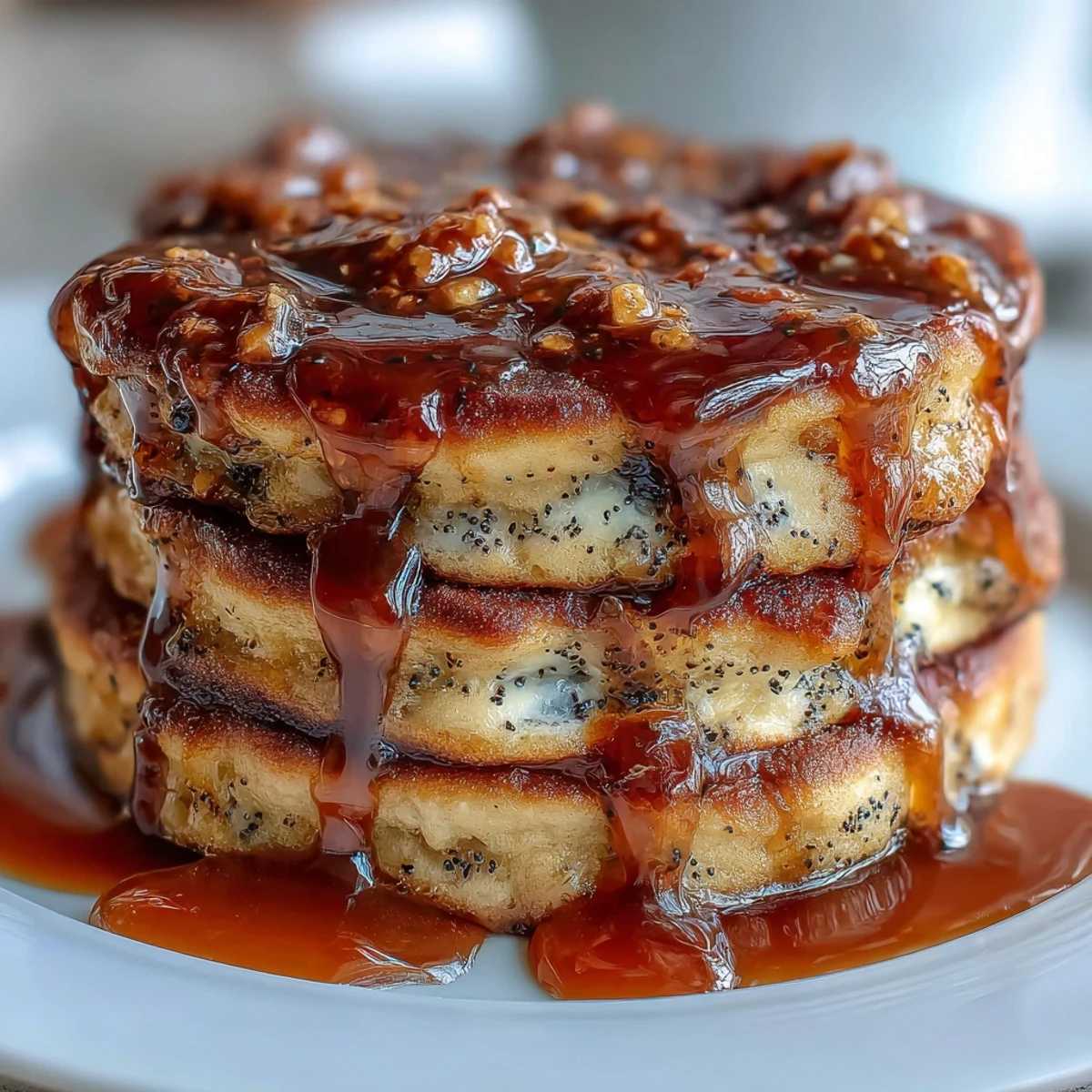 Fluffy black sesame pancakes with a nutty aroma, drizzled with maple syrup and topped with toasted sesame seeds.
