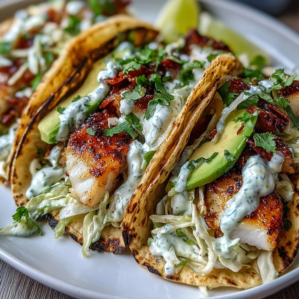 Crispy chili-lime marinated fish nestled in soft tortillas with crunchy cabbage slaw and creamy avocado slices for a vibrant taco night.