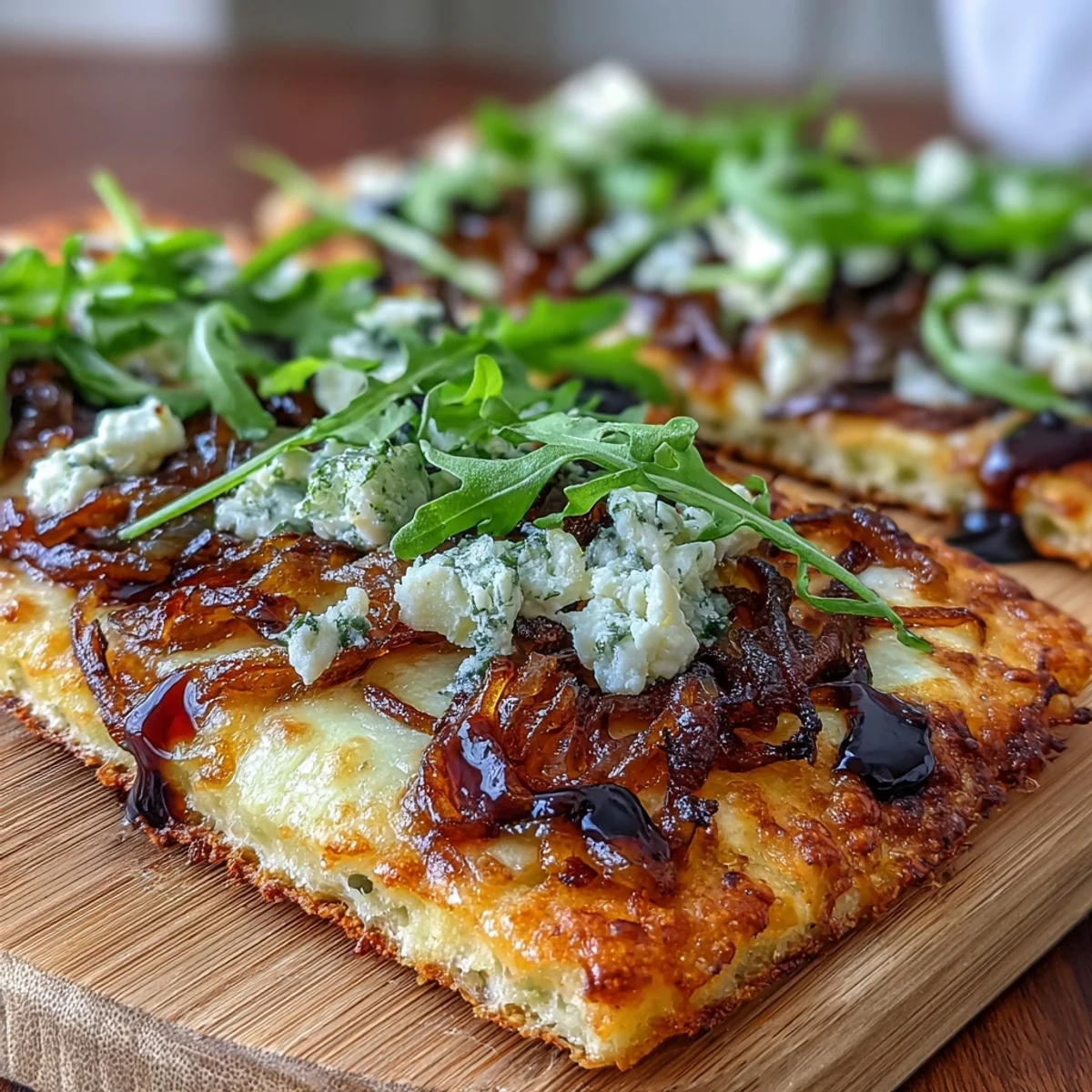 Gourmet flatbread pizza with rich caramelized onions, melted mozzarella, tangy goat cheese, and fresh arugula, finished with a balsamic glaze drizzle for an elegant dish.