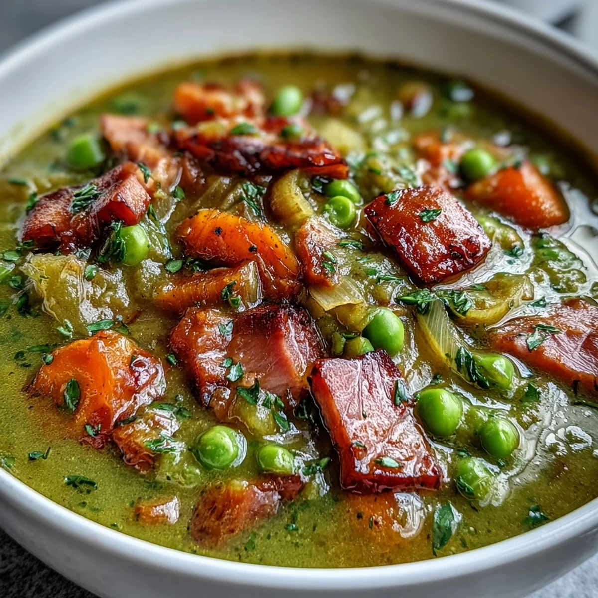 A steaming bowl of ham and split pea soup with tender carrots, smoky ham, and creamy split peas in a rich broth.