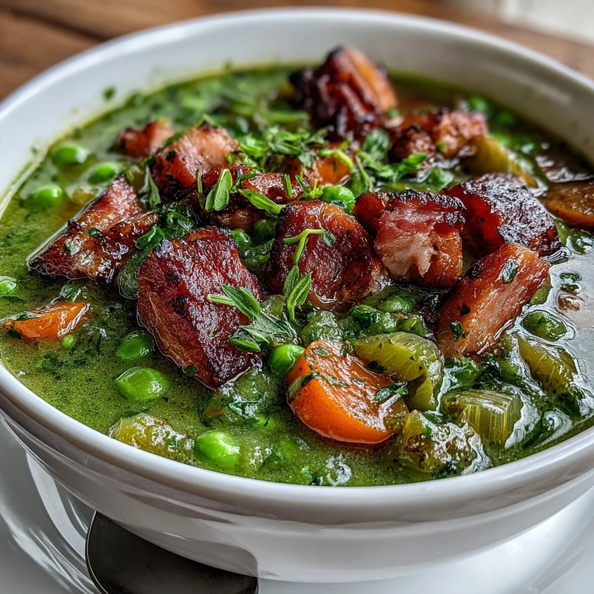 Hearty ham and split pea soup with diced carrots and chunks of smoked ham, perfect for a comforting family dinner.