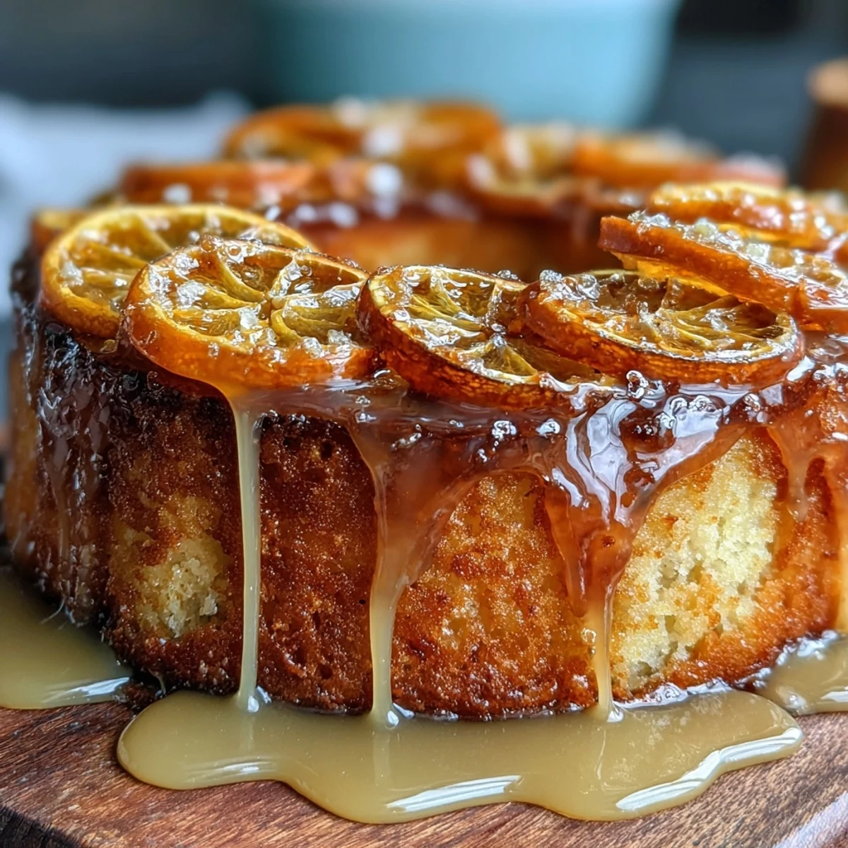 Moist olive oil cake with candied orange slices and citrus glaze, perfect for a Mediterranean-inspired dessert.