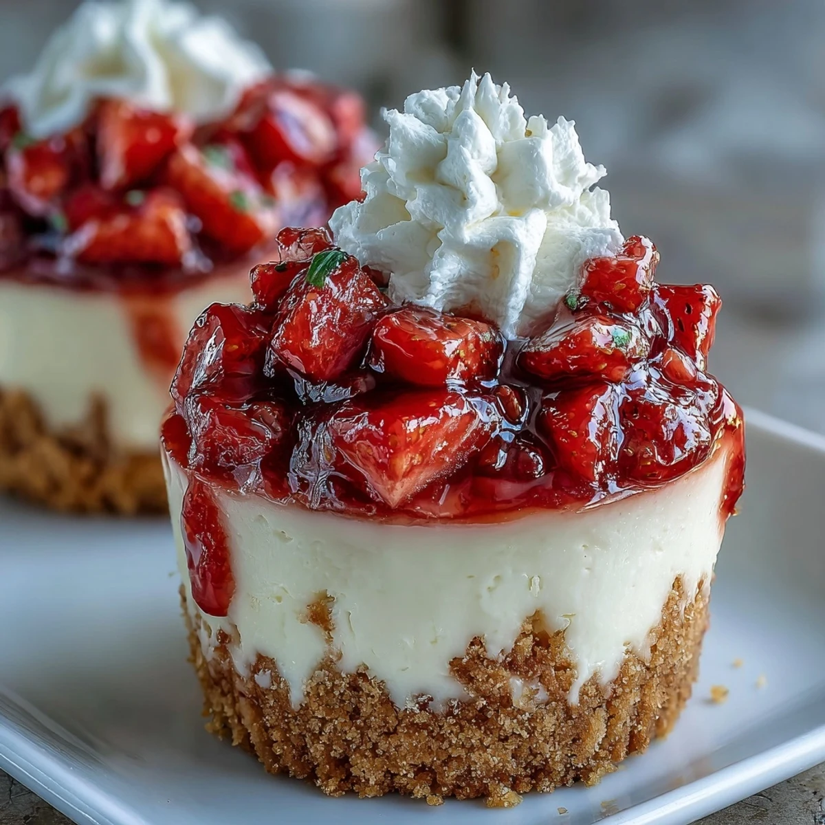 Layers of smooth cheesecake filling, macerated strawberries, and crunchy graham cracker base create a romantic no-bake treat.  