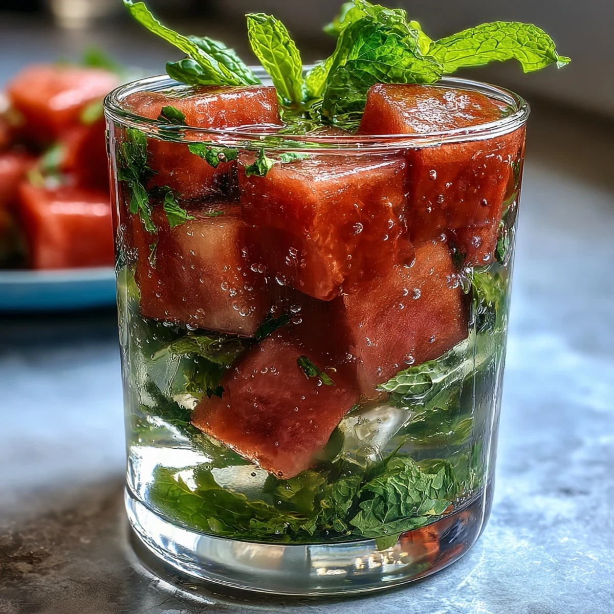 A vibrant pitcher of watermelon mint infused water with fresh mint leaves and juicy watermelon cubes, perfect for hydrating on a hot summer day.