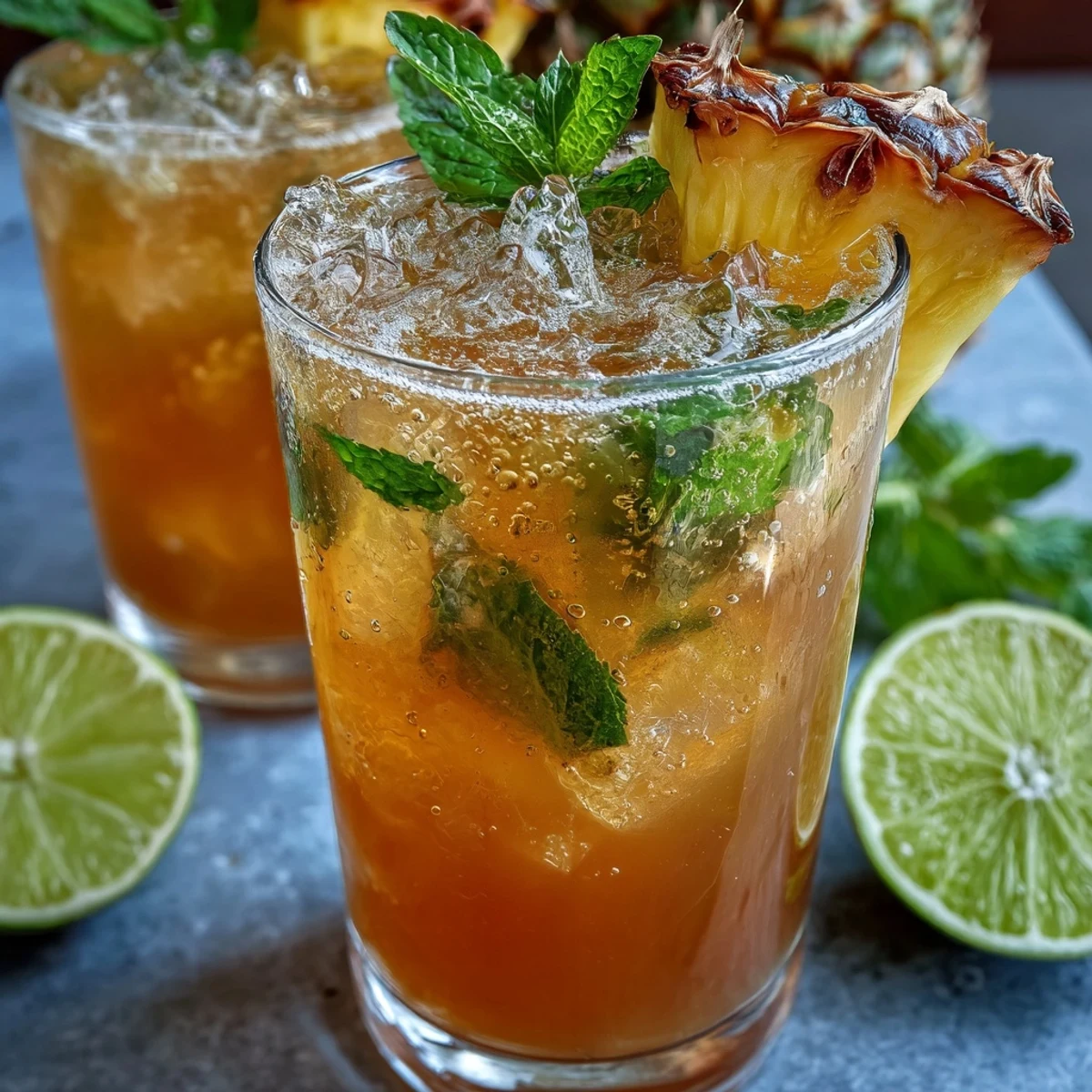 A vibrant pineapple ginger fizz drink with fresh pineapple wedges, lime slices, and mint leaves in a tall glass.