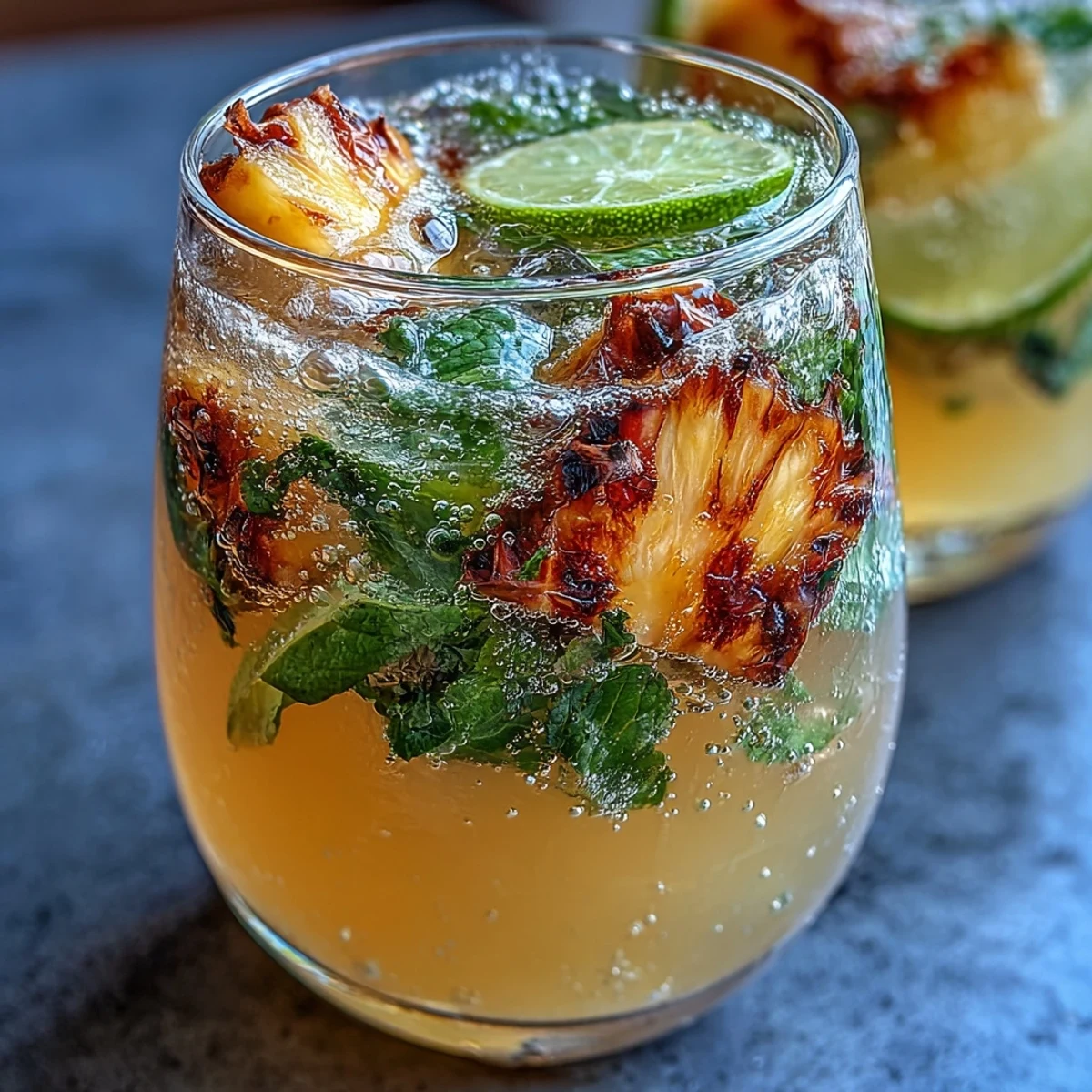 Sparkling pineapple ginger beverage served over ice with tropical fruit garnish, perfect for summer parties.