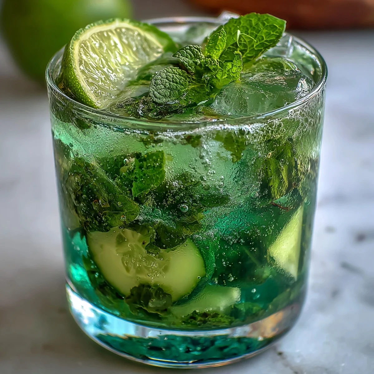 Refreshing virgin green mojito with lime and mint, served over ice with cucumber slices and a sprig of fresh mint.  