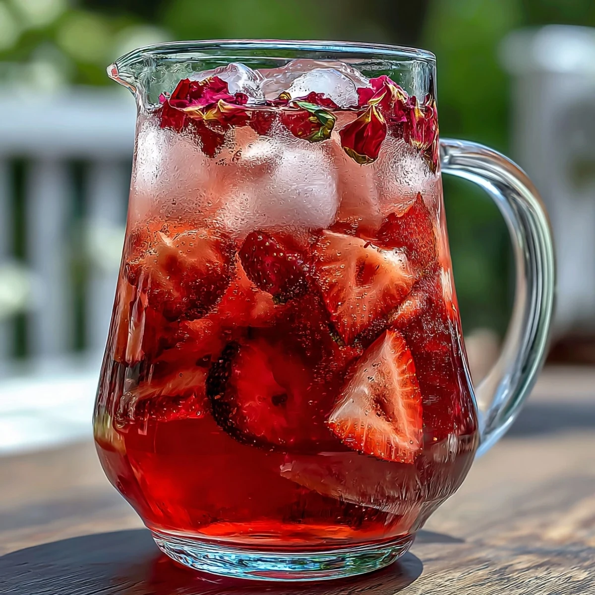 Chilled strawberry rose lemonade in a glass pitcher, garnished with mint sprigs and lemon slices, ideal for summer gatherings.