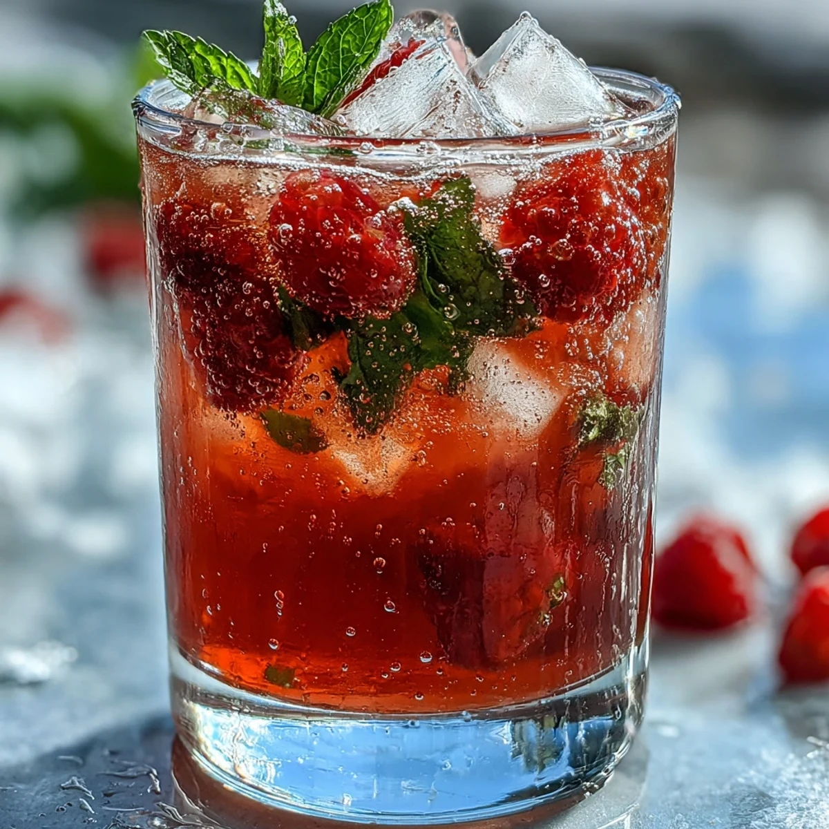 Refreshing raspberry lime spritz cocktail with muddled berries and zesty lime slices, served over ice with mint garnish.