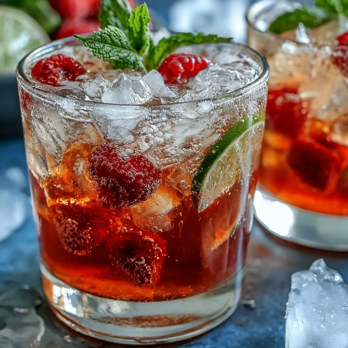 Sparkling raspberry lime spritz mocktail with fresh raspberries, lime, and mint, perfect for a light, festive drink.