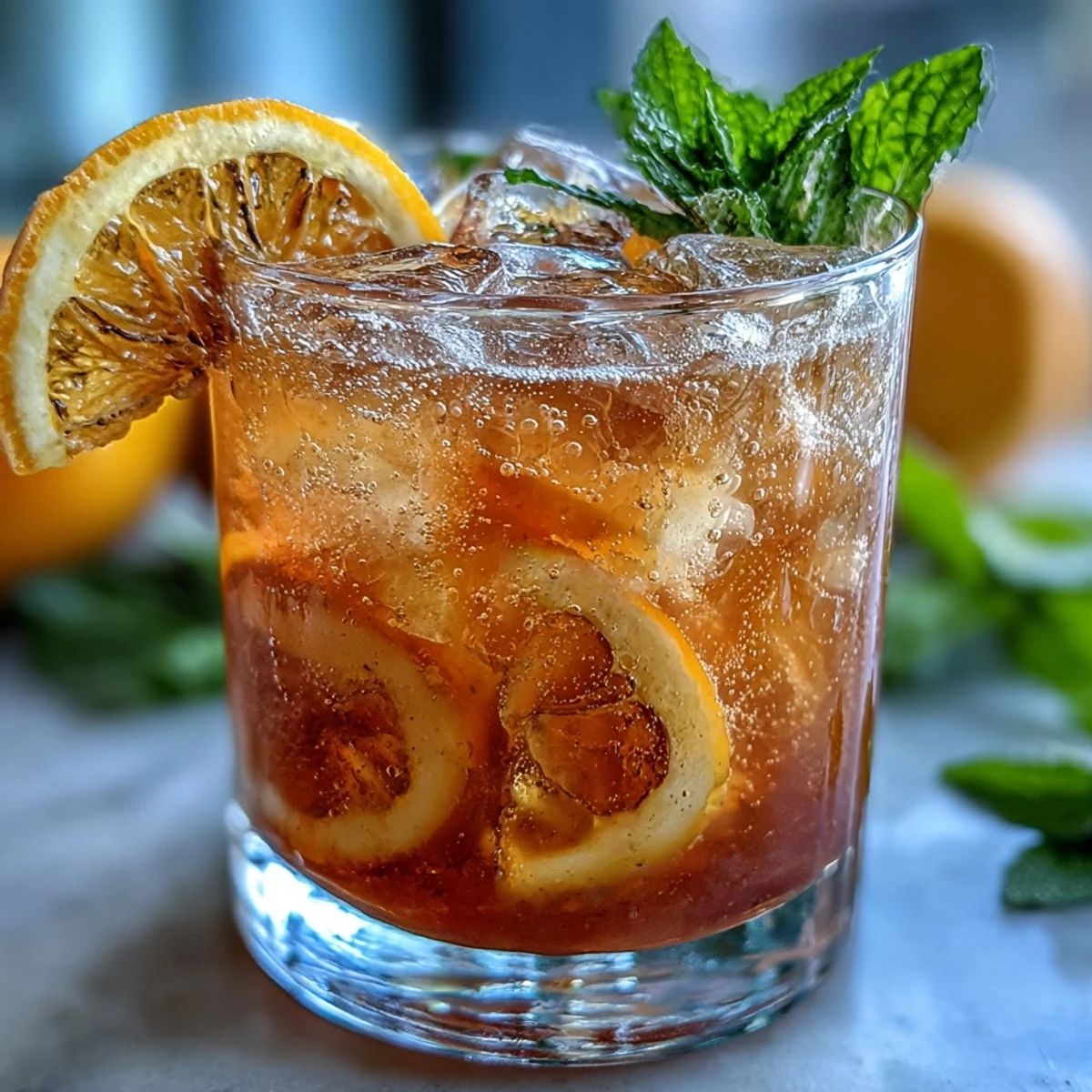 A bubbly citrus punch featuring fresh orange and lemon slices, served over ice with a minty garnish.  