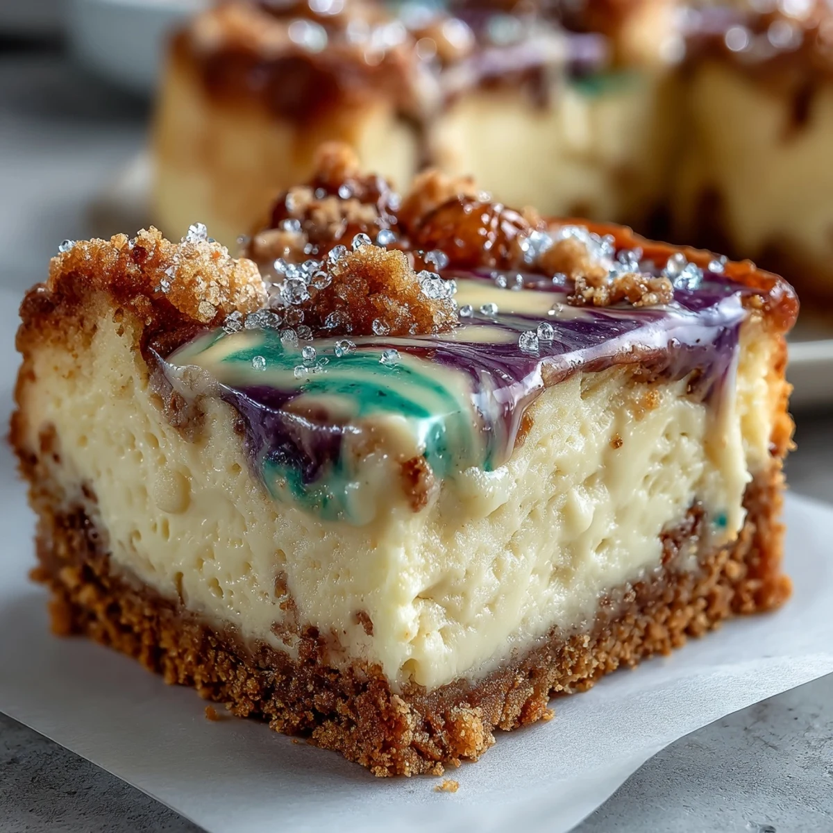 Vibrant King Cake Cheesecake Bars with purple, green, and gold swirls on a buttery cinnamon crust, perfect for festive Mardi Gras celebrations.