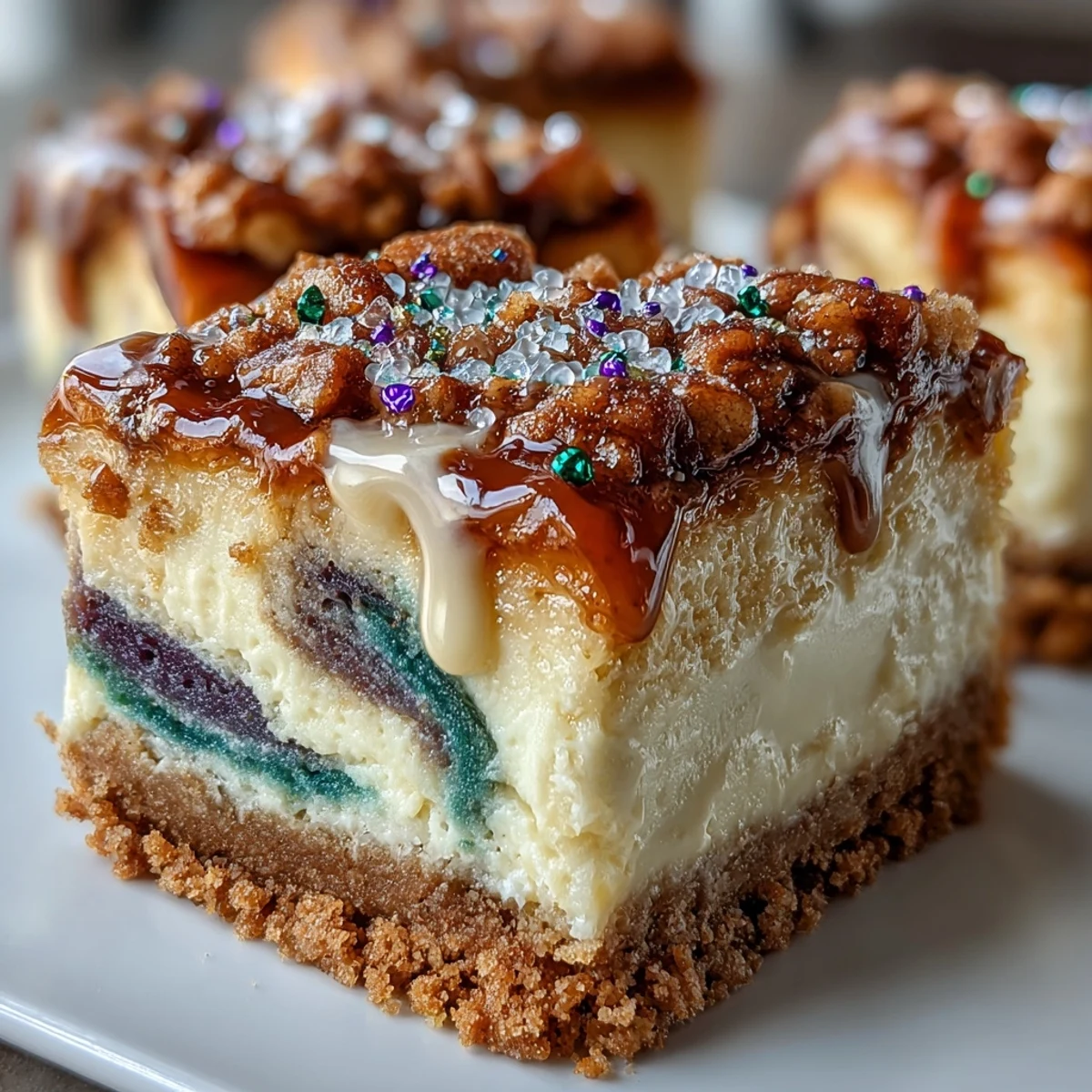 Festive King Cake Cheesecake Bars featuring creamy layers swirled with bold Mardi Gras colors atop a spiced graham cracker base, drizzled with sweet icing.