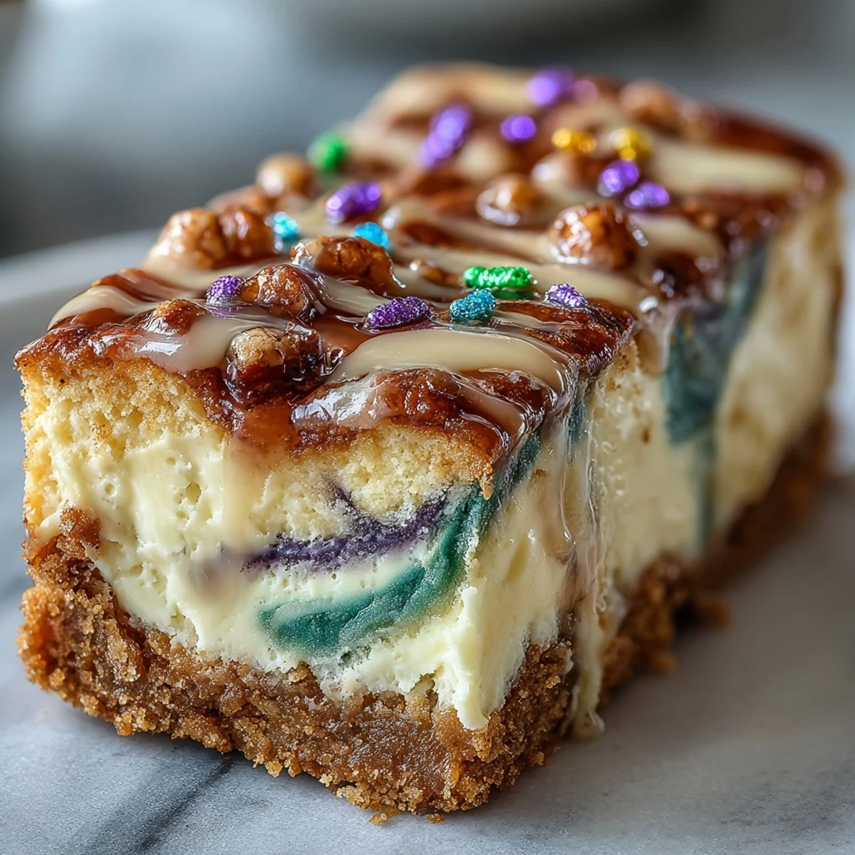 Colorful King Cake Cheesecake Bars with marbled purple, green, and gold cheesecake filling, sprinkled with sanding sugar for a dazzling dessert centerpiece.