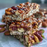 Golden baked trail mix bars featuring hearty oats, honey, and crunchy nuts, perfect for on-the-go energy.  