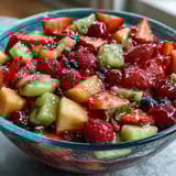 A vibrant bowl of strawberry lemonade fruit salad with juicy berries, sweet pineapple, and zesty lemonade dressing.