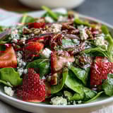 Bright and colorful Spring Strawberry Spinach Salad topped with fresh strawberries, red onion, and crumbled goat cheese, drizzled with balsamic dressing.