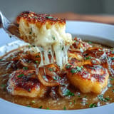 Rich caramelized onion broth with tender gnocchi, topped with melted Gruyère and Parmesan in rustic ceramic bowls.  