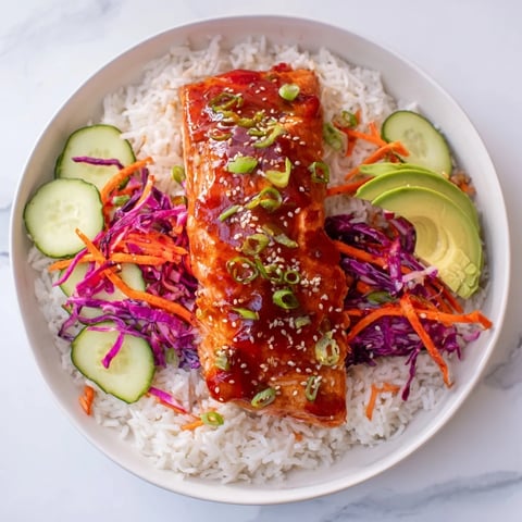 Sweet Chili Salmon Rice Bowl: a close-up image of glistening salmon atop fluffy rice with vibrant vegetables.