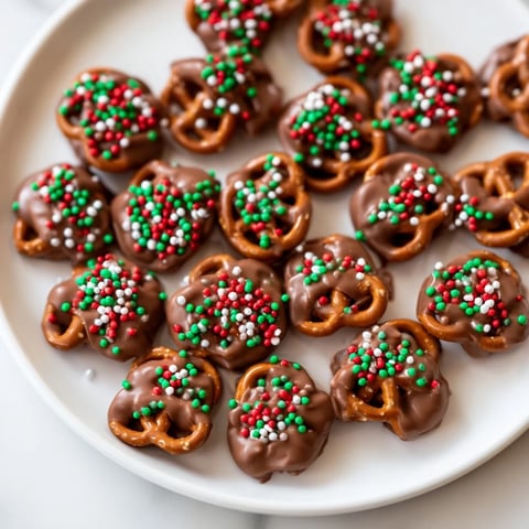 Air Fryer Christmas Pretzel Bites, ready in minutes, feature melted chocolate and colorful holiday sprinkles.