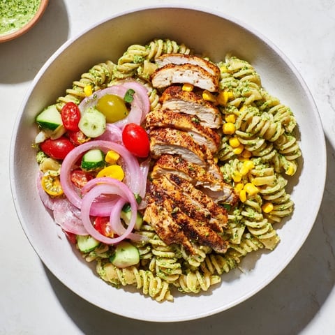 Peruvian Aji Verde Chicken Pasta Salad: a colorful, creamy salad with tender chicken and vibrant vegetables ready to enjoy.