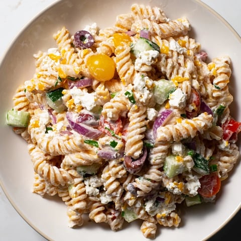 A vibrant bowl of Greek Yogurt Million Dollar Christmas Pasta Salad, ready to serve with colorful vegetables.